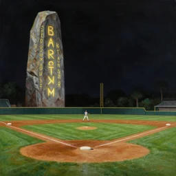 a baseball field with an ancient monolith with glowing runes. highly detailed painting by norman rockwell and syd mead. rich colors, high contrast, gloomy atmosphere, dark background.