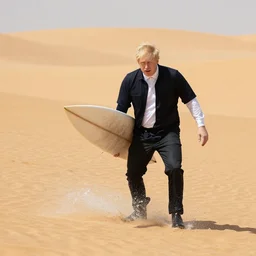 boris johnson surfing in the middle of a desert
