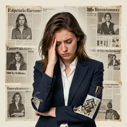 a portrait of a depressed journalist woman made out of collage pieces of magazine, collage style