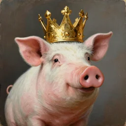 a painting of pig wearing a gold crown, by Grant Wood