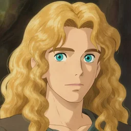 young man with long, curly, golden hair, aquamarine eyes, natural lighting, path traced, highly detailed, high quality, cartoon, digital painting, by don bluth and ross tran and studio ghibli and alphonse mucha