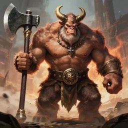 huge smug minotaur wielding a great - axe, menacing aura