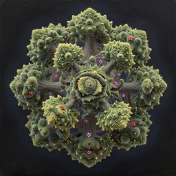 3d mandelbrot set with leaves and a few flowers, oil on canvas