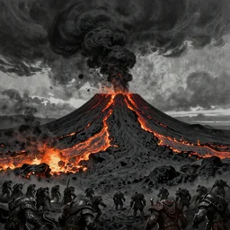 Dead landscape, fire and lava, black volcano, rugged black clouds, ash in the sky, army of orcs gathering below, fantasy book illustration