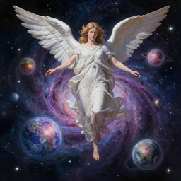 a beautiful cosmos of celestial bodies with a dramatically floating angel, style of illuminated manuscript, extremely detailed, thought provoking, trending on artstation
