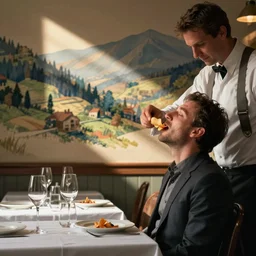 fine italian restaurant with the waiter placing potato chips in a man's mouth
