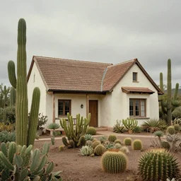 hyper realistic, high detail photo of deset scene, thomas kinkade style, adobe house, cactuses, beautiful, dreary lighting