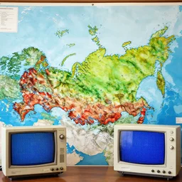 realistic map of russia rendered by a vintage oscilloscope