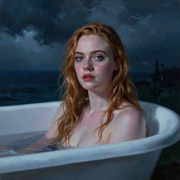 Elle Fanning in a tub in the shining in the world of Adam Wyeth, head and shoulders portrait, stormy weather, extremely detailed masterpiece, oil on canvas, low-key neon lighting, artstation, Blade Runner 2049, Roger Deakin’s cinematography, by J. C. Leyendecker and Peter Paul Rubens and Edward Hopper and Michael Sowa,