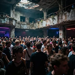 photograph of a lot of people at a rave inside of a rundown hidden club, brutalism, retrofuturism, cyberpunk, sigma 85mm f/1.4, 35mm, 4k, depth of field, high resolution, 4k, 8k, hd, highly detailed, full color