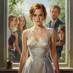 highly detailed painting of emma watson wearing a window boob dress, stephen bliss, 8 k, by greg rutkowski, artgerm, loish, rhads, global illumination, radiant light, detailed and intricate environment
