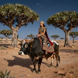 a beautiful ornate woman, riding a bull in socotra island with dragon trees, starry night, sharp focus, wide shot, trending on artstation, masterpiece, by greg rutkowski, by ross tran, by fenghua zhong, octane, soft render, ultrarealistic, colorful, cinematic, shadow of the tomb rider