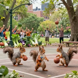 three squirrels play basketball in a city park whilst a crowd of vegetables cheer from the side, realistic render