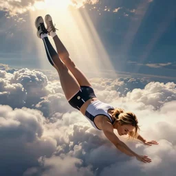 bodybuilder jennifer lawrence wearing spandex, falling through clouds, god's rays, cinematic light, octane render, photorealistic, digital painting, drew struzan, gta v cover art