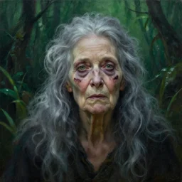 fantasy portrait of an emaciated yet energetic old woman with silky, cloudy grey hair, black scars on her face, swamp vegetation in the background, nocturnal palette, art by greg rutowski, raphael lacoste, eddie mendoza, 4 k oil linen, soft green lighting