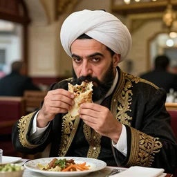 mid - shot, realistic, ottoman sultan mehmet iv eating shawarma in a restaurant, cold lighting, in the style of martin schoeller, detailed facial features, photorealistic, expressive, hyperrealism, wearing big ovular turban and a luxurious ottoman coat, micro details, hdr shot, precise, photography from vogue magazine, neat