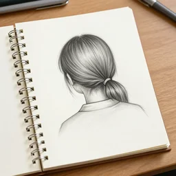 photo of a notebook on a school desk, pencil sketch of the back of a girl's head, hd, highly detailed, sharp focus