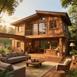 Peaceful wooden mansion, unreal engine 5 tech demo, zillow interior, golden hour, living room, cozy, Frank Lloyd Wright ((Studio Ghibli))