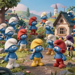 a beautiful photo the smurfs village, hyper realistic, natural light, concept art, by greg rutkowski, cozy atmospheric and cinematic lighting