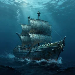 sea monster shape like a ship in the deep dark sea, thalassophobia, realistic, highly detailed, digital painting