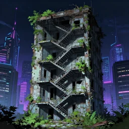 a beautiful detailed anime illustration of city stairwell urbex building unfinished building abandoned nature by benedek vass, futuristic retrowave tron cyberpunk nightsky dramatic lighting, archdaily, wallpaper, highly detailed, trending on artstation.