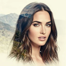 megan fox face mash up double exposure effect beautiful mountain scenery, medium sized tattoo sketch, amazing detail, trending on pinterest, in the style of brandon kidwell