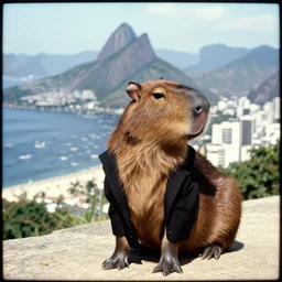 vintage photo of a capybara wearing a black suit in rio de janeiro