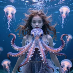 a beautiful girl underwater wearing an octopus dress surrounded by glowing jellyfish, 8 k realistic, hyperdetailed, beautiful lighting, detailed background, depth of field, symmetrical face, frostbite 3 engine, cryengine