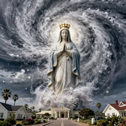 a wide shot of california being engulfed by an hurricane in shape of virgin mary