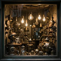 closeup of a steampunk shop window by don bluth, photo realistic, completely filled with interesting oddities, things hanging from ceiling, light bulbs, cinematic