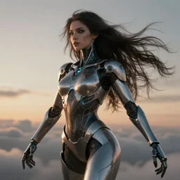 a diabolical epic beautiful female cyborg girl, long hair flowing on the wind, adaptive armor, dynamic pose, heavy eyes to the side, by navanh chanthara, glowing veins and cracks, in clouds, sunset, portrait, by gerald brom, by mikhail vrubel, by peter elson, muted colors, extreme detail, reflections, trending on artstation, 8 k