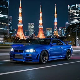 wideshot of a Bayside Blue R34 Skyline GT-R driving in tokyo at night, highly detailed, 4k photo