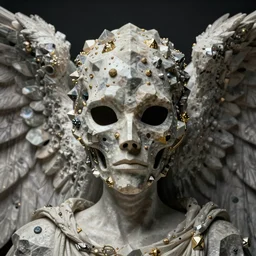 portrait of a death angel, symetrical face, clothes wearing a carved mineral mask with tiny mineral and gold incrustations, trendin in artstation, octane render, 8 k