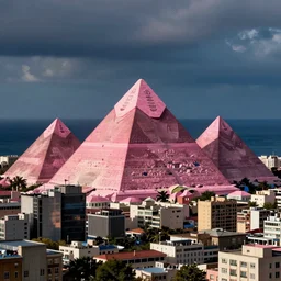 A city in the sea with pink pyramids