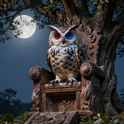 tha owlking with red and blue eyes sitting on a throne carved in a big tree, moonlight, natural light, Cinematic level shot, dynamic pose, award winning photograph, photorealism, beautiful lighting, sharp, details, hyper-detailed, HDR, 8K