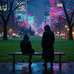 park at night, two cloaked figures, artstation, by william degouve de nunqcues, rain puddles, background glitched cyber city, vivid colors