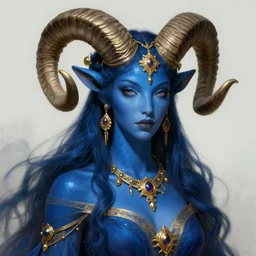 a beautiful woman with deep blue, sparkly skin, big ram horns, flowing dress, gold jewellery, dnd, face, fantasy, intricate, elegant, highly detailed, digital painting, artstation, concept art, smooth, sharp focus, illustration, art by artgerm and greg rutkowski and alphonse mucha