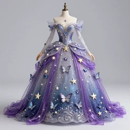 a fantasy princess dress made of stars and butterflies, with transparent purple streamer, sea form, designed by ziad nakad and guo pei, insanely detailed and intricate, hypermaximalist, elegant, ornate, hyper realistic, super detailed, render by maya