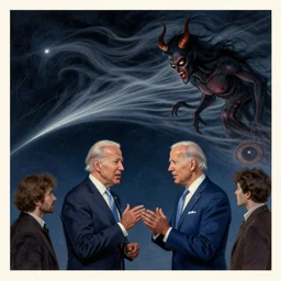 curvature of space - time in the wind, fine details joe biden talking to satan. night setting. realistic shaded lighting poster by jc leyendecker, jeremy lipkin and michael garmash, rob rey and kentaro miura style, trending on art station