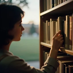 a 3 5 mm photo from the back of a woman choosing a book from a library shelf on a college campus in the 1 9 5 0 s, bokeh, canon 5 0 mm, cinematic lighting, dramatic, film, photography, golden hour, depth of field, award - winning, 3 5 mm film grain, retro, film, kodachrome, closeup