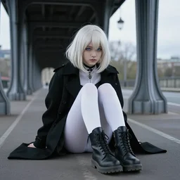 Platinum-blonde-haired hime-cut blue-eyed French empress wearing white leggings, black jacket, boots, sitting under bridge, destitute