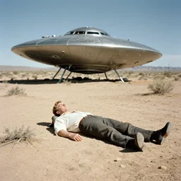 Asmongold laying on the ground next to a crashed UFO in a New Mexico desert. 1940s photograph.