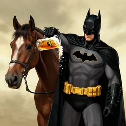 batman pouring a pint for a horse