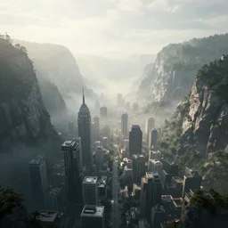 A metropolis in a valley with light fog. Physically based render.