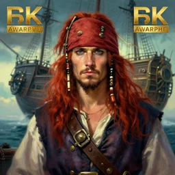 portrait painting of a long hair red hair male pirate, soft hair steampunk airship in the sky art by raphael lacoste and stephan martiniere greg rutkowski gaston bussiere fantasy soft hair trending on artstation key art dramtic volumetric lighting, 4 k, award winning