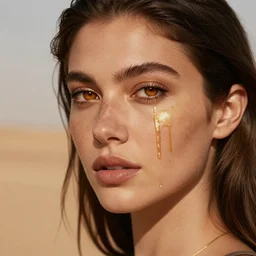 a close - up portrait of a beautiful young woman with freckles, long dark eyelashes and amber eyes looking at the camera, liquid gold is running across her face. desert ambiance, dusty sky, professional photography
