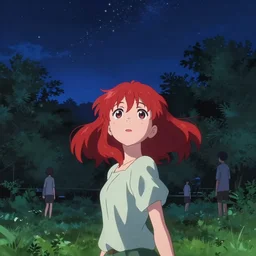 anime visual, full body portrait a young woman with red hair looking up at the stars in the park at midnight, cute face by ilya kuvshinov, yoshinari yoh, makoto shinkai, katsura masakazu, dynamic perspective pose, detailed facial features, kyoani, rounded eyes, crisp and sharp, cel shad, anime poster, ambient light,