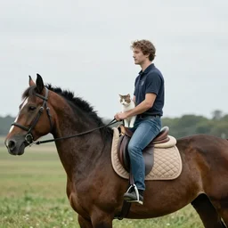 a cat riding on a horses back