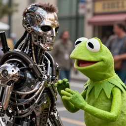 The Terminator fighting against Kermit the frog in street, full head, style film