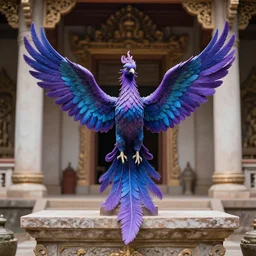 single centered purple blue phoenix bird in the middle of a temple's altar, realistic, detailed,